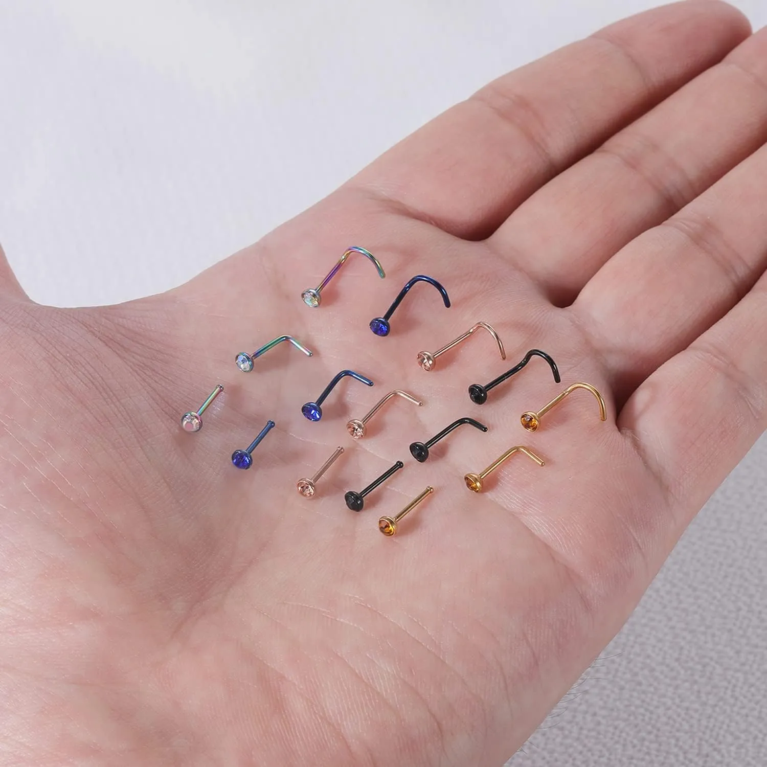 6pcs 20g Nose Studs Black Rose Gold Nose Rings Stainless Steel L Shaped Corkscrew Nose Ring Studs for Women Men Small Cute Nose Rings Stud 3mm Cz Nostril Piercing Jewelry
