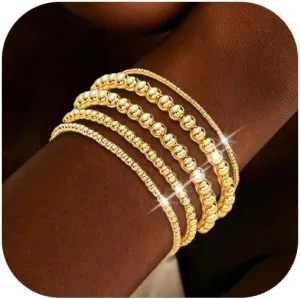 72ore Gold Beaded Bracelets Gold Bracelet Stack Gold Bracelets for Women Stretch Beaded Bracelets Stackable Bracelet Gold Jewelry Gifts