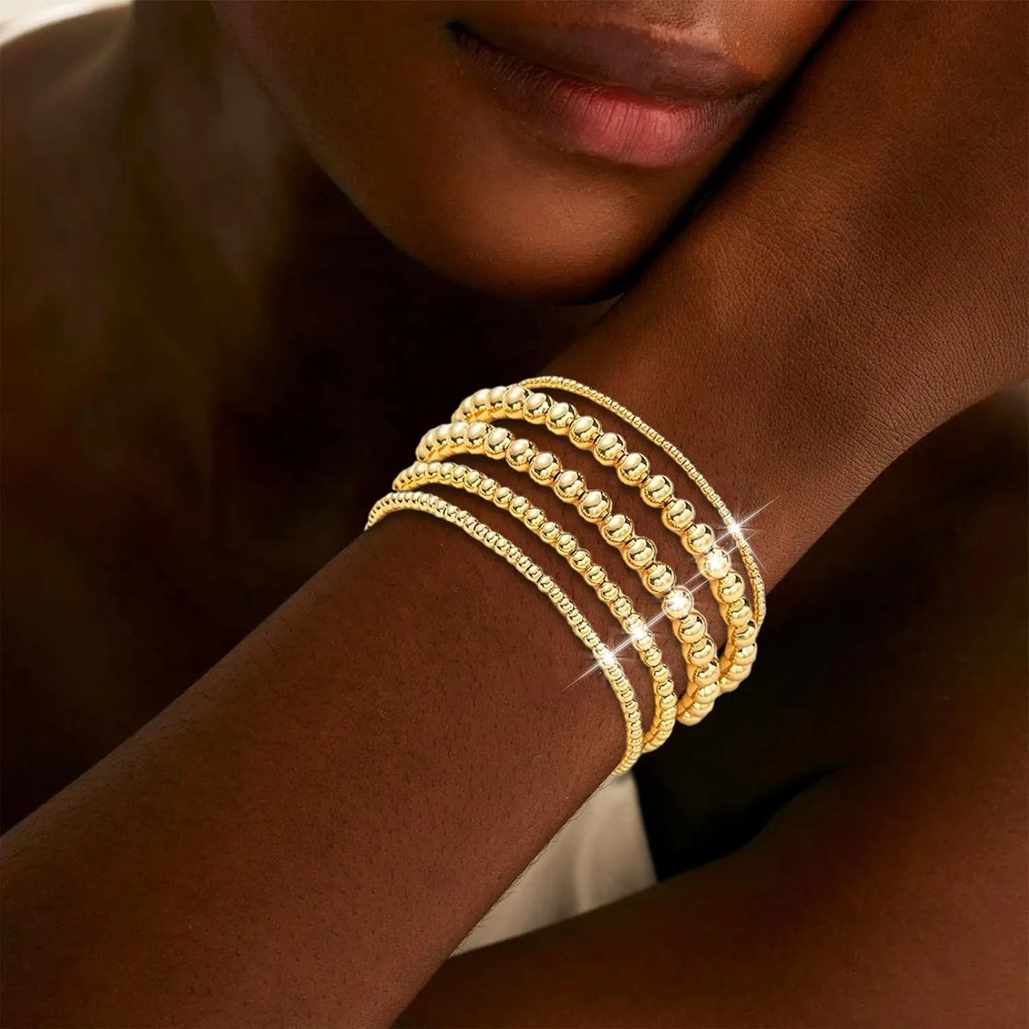 72ore Gold Beaded Bracelets Gold Bracelet Stack Gold Bracelets for Women Stretch Beaded Bracelets Stackable Bracelet Gold Jewelry Gifts