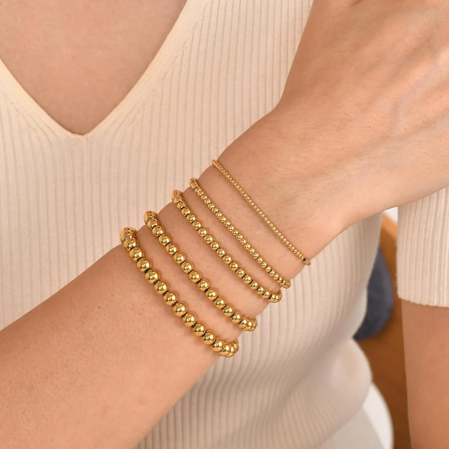 72ore Gold Beaded Bracelets Gold Bracelet Stack Gold Bracelets for Women Stretch Beaded Bracelets Stackable Bracelet Gold Jewelry Gifts