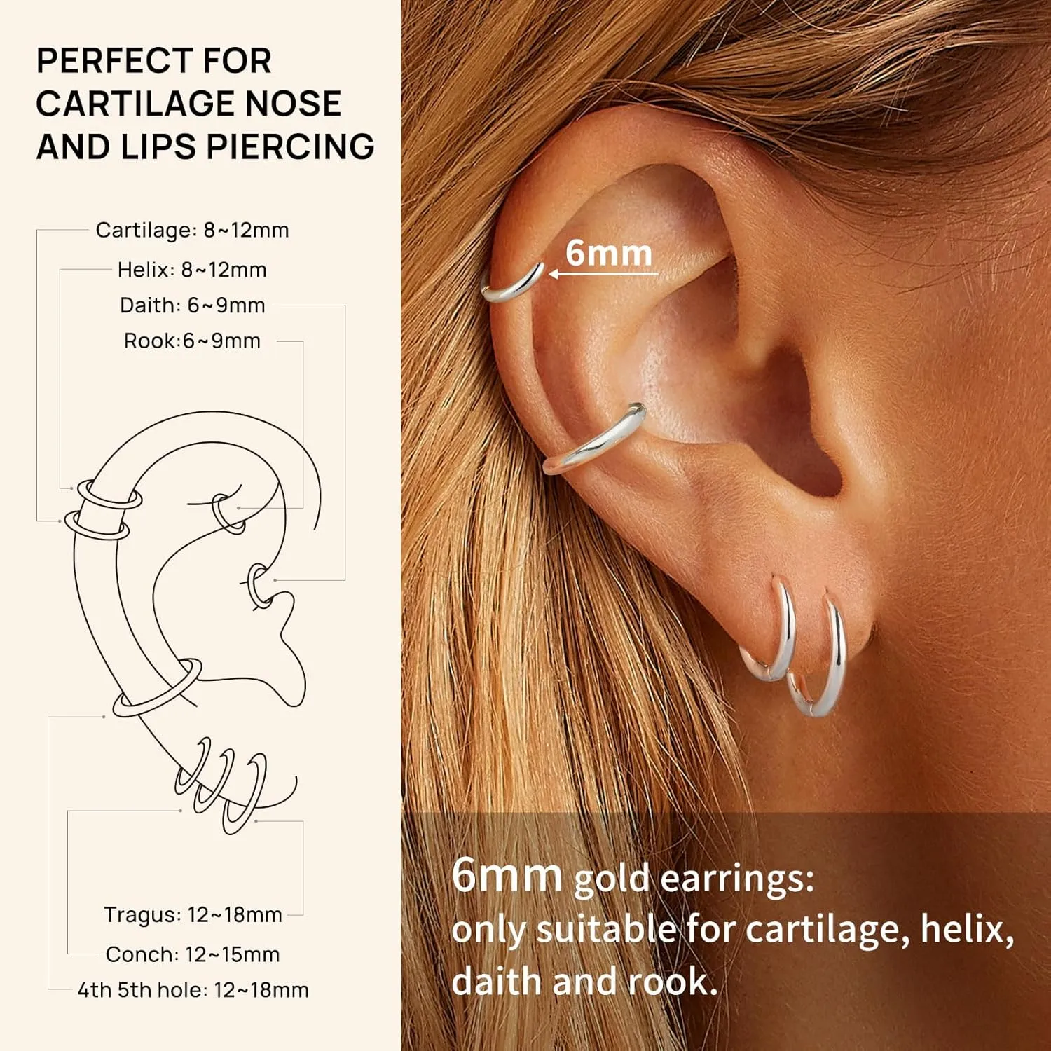 8 Pairs Gold Earrings Small Gold Hoop Earrings for Women,18K Real Gold Plated Gold Hoops Huggie Cartilage Earrings Piercings Jewelry Hypoallergenic Lightweight 6mm/8mm/10mm/12mm