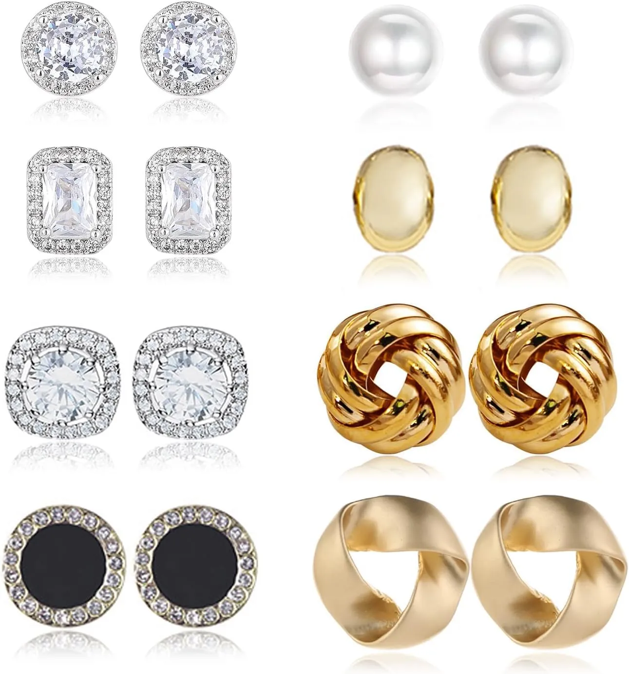 8 Pairs Stud Earrings Set for Women Cubic Zirconia Halo Studs Gold Knot Twist Stud Earrings Faux Pearl Simple Post Earrings for Women
