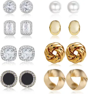 8 Pairs Stud Earrings Set for Women Cubic Zirconia Halo Studs Gold Knot Twist Stud Earrings Faux Pearl Simple Post Earrings for Women