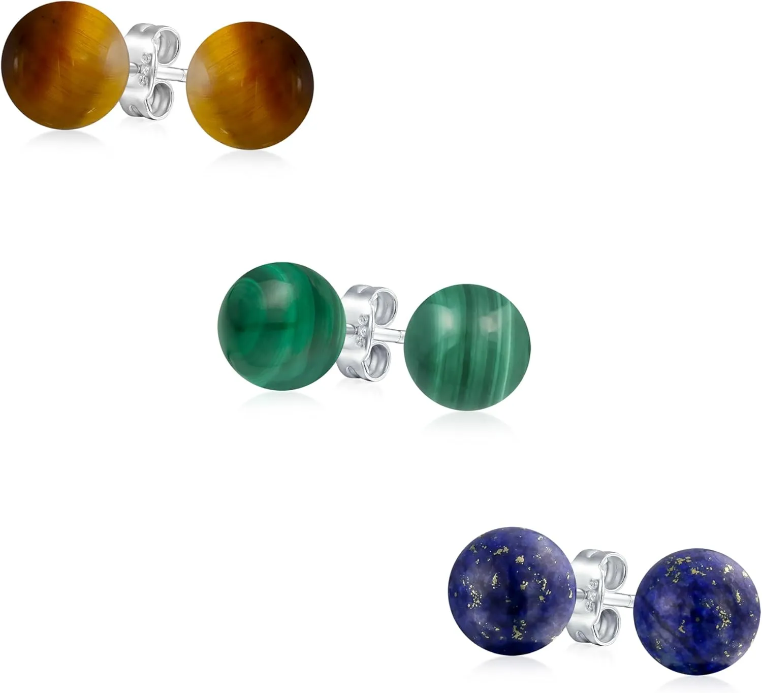 8MM Natural Gemstone Round Bead Ball Stud Earrings .925 Sterling Silver for Women Teens -Variety of Birthstones