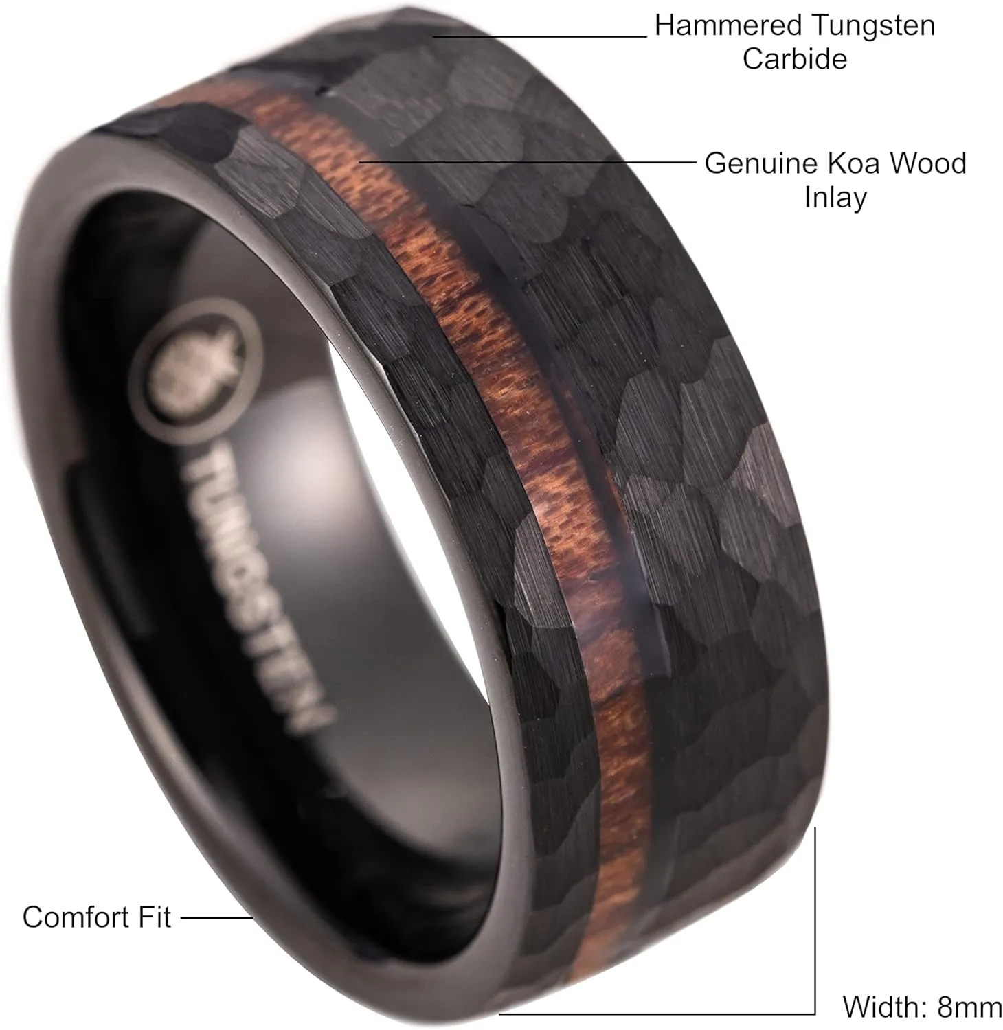 8mm Tungsten Carbide Hawaiian Koa Wood Inlay Comfort Fit Men Ring Engagement Wedding Band, Scratch Resistant Weighted Hypoallergenic with Jewelry Gift Box
