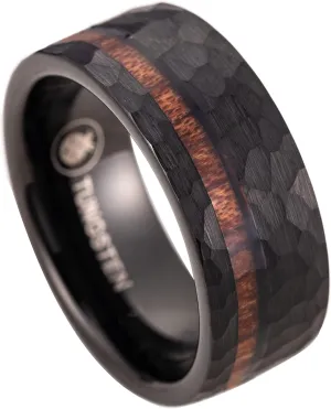 8mm Tungsten Carbide Hawaiian Koa Wood Inlay Comfort Fit Men Ring Engagement Wedding Band, Scratch Resistant Weighted Hypoallergenic with Jewelry Gift Box