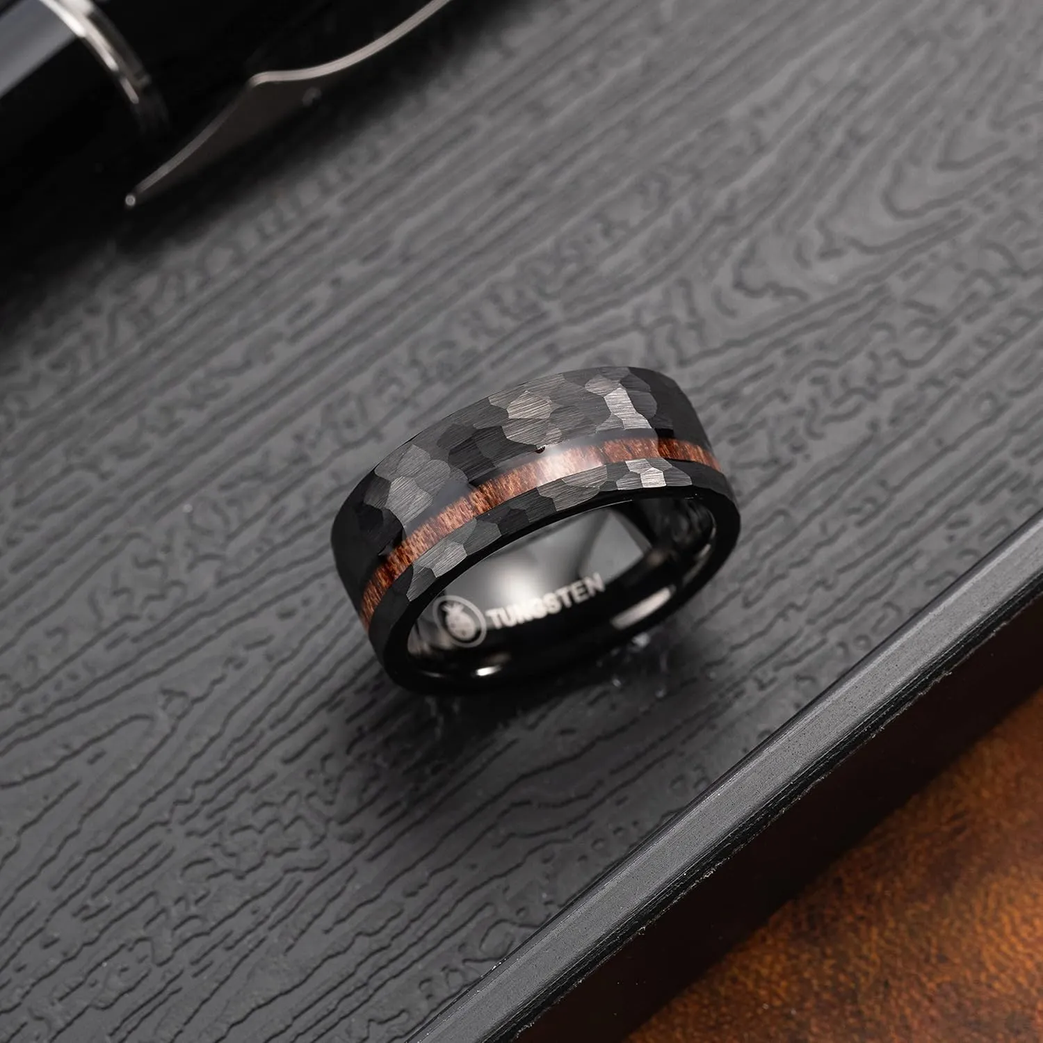 8mm Tungsten Carbide Hawaiian Koa Wood Inlay Comfort Fit Men Ring Engagement Wedding Band, Scratch Resistant Weighted Hypoallergenic with Jewelry Gift Box
