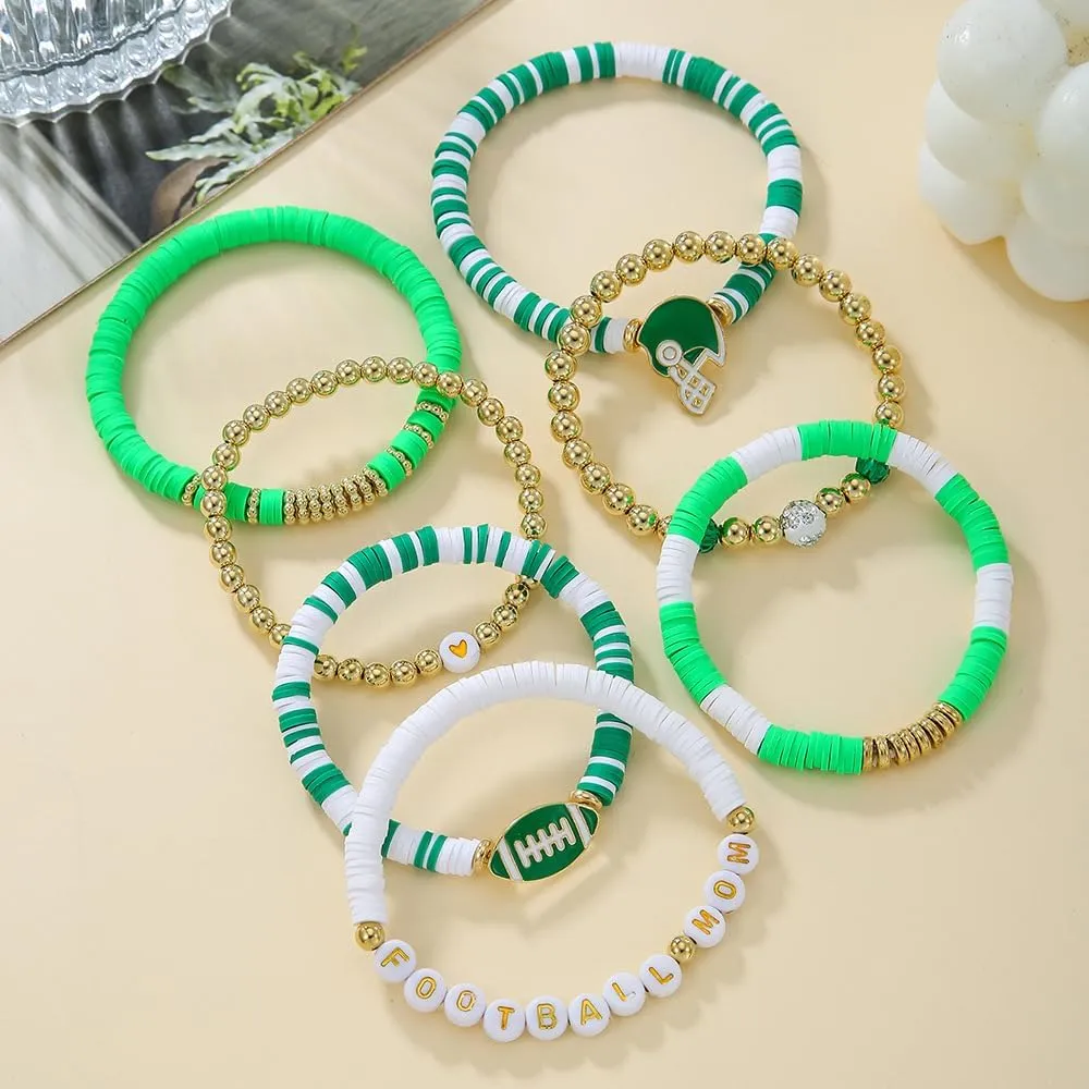 8Pcs Colorful Polymer Clay Football Stackable Friendship Charm Bracelets Handmade Multilayer Heishi Surfer Clay Gold Beaded Rugby Sports Stretch Bracelets for Women Men Game Day Jewelry Gifts