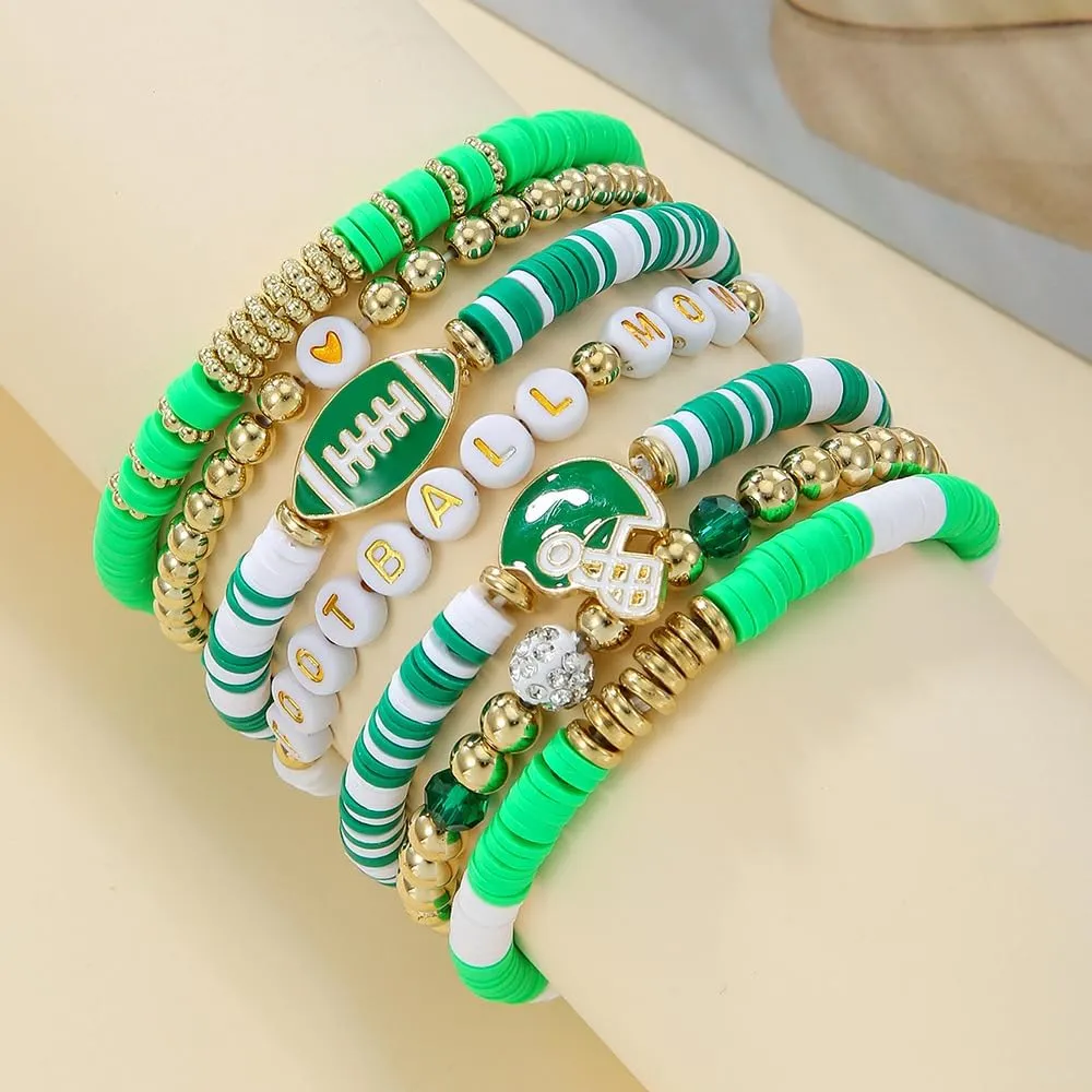 8Pcs Colorful Polymer Clay Football Stackable Friendship Charm Bracelets Handmade Multilayer Heishi Surfer Clay Gold Beaded Rugby Sports Stretch Bracelets for Women Men Game Day Jewelry Gifts