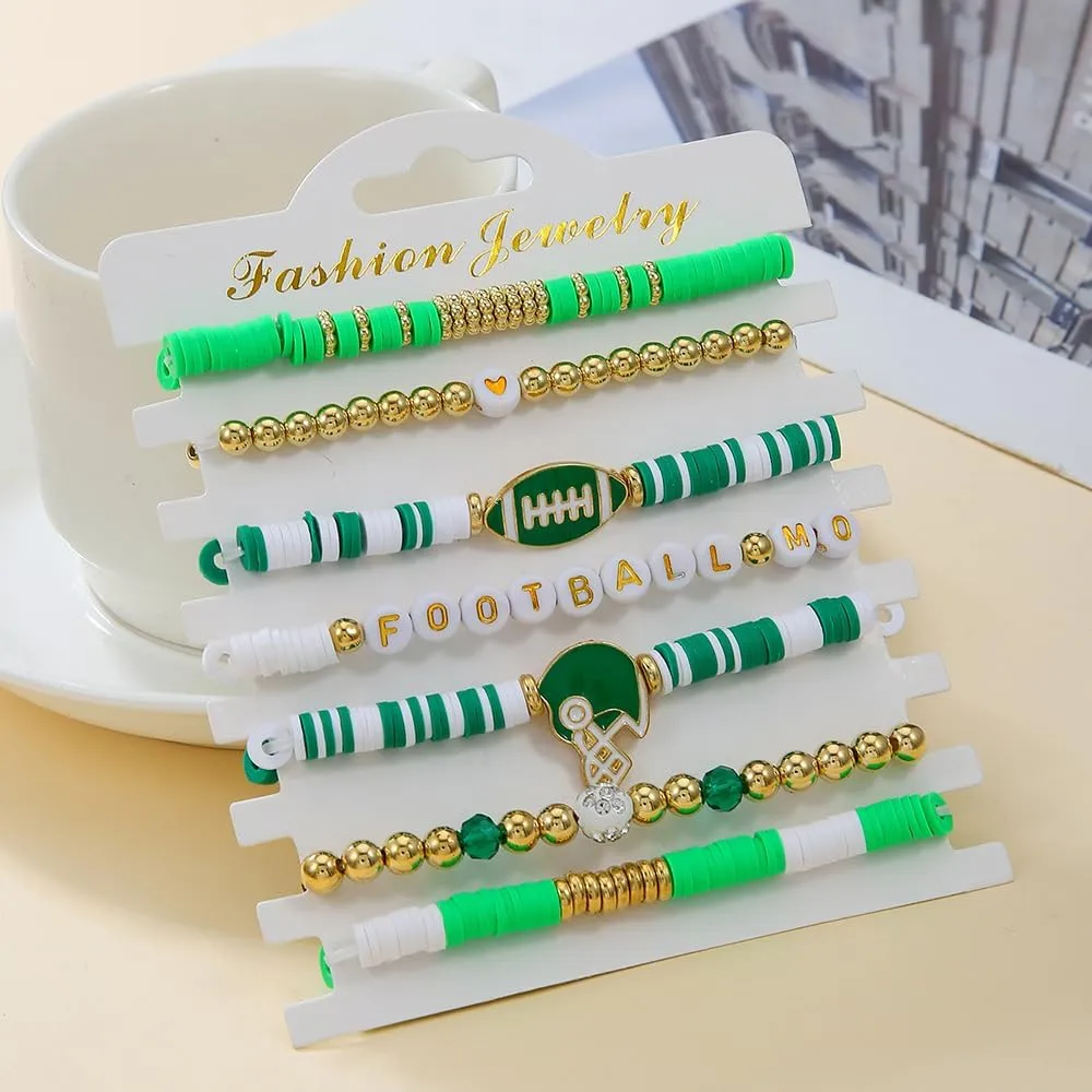 8Pcs Colorful Polymer Clay Football Stackable Friendship Charm Bracelets Handmade Multilayer Heishi Surfer Clay Gold Beaded Rugby Sports Stretch Bracelets for Women Men Game Day Jewelry Gifts