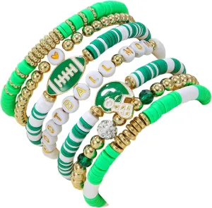 8Pcs Colorful Polymer Clay Football Stackable Friendship Charm Bracelets Handmade Multilayer Heishi Surfer Clay Gold Beaded Rugby Sports Stretch Bracelets for Women Men Game Day Jewelry Gifts