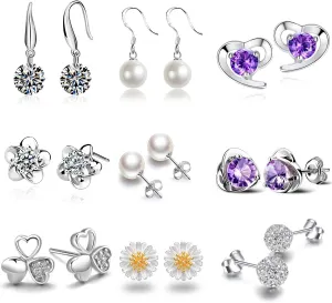 9 Pairs Silver Stud Earrings Set For Women Men Girl Multipack Small Hypoallergenic Daisy Flower Heart Pearl Stud Earring Piercing Cute Trendy Jewelry