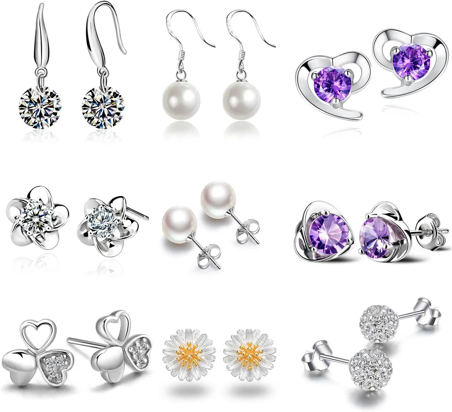 9 Pairs Silver Stud Earrings Set For Women Men Girl Multipack Small Hypoallergenic Daisy Flower Heart Pearl Stud Earring Piercing Cute Trendy Jewelry