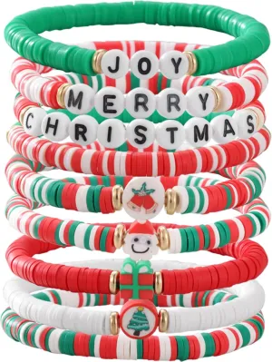 9 Pcs Christmas Bracelets Women, Christmas Friendship Bracelets, Colorful Stretch Bracelet, Christmas Jewelry Bulk, Xmas Tree Snowman Bell Red Green Bracelet for Christmas Gifts