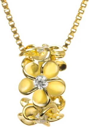 925 Sterling 14K Gold Plated Silver Cubic Zirconia Hawaiian Plumeria Flower Lei Barrel Necklace Pendant with 18" Box Chain, Nickle Free Hypoallergenic for Sensitive Skin, Gift Box Included (Gold)