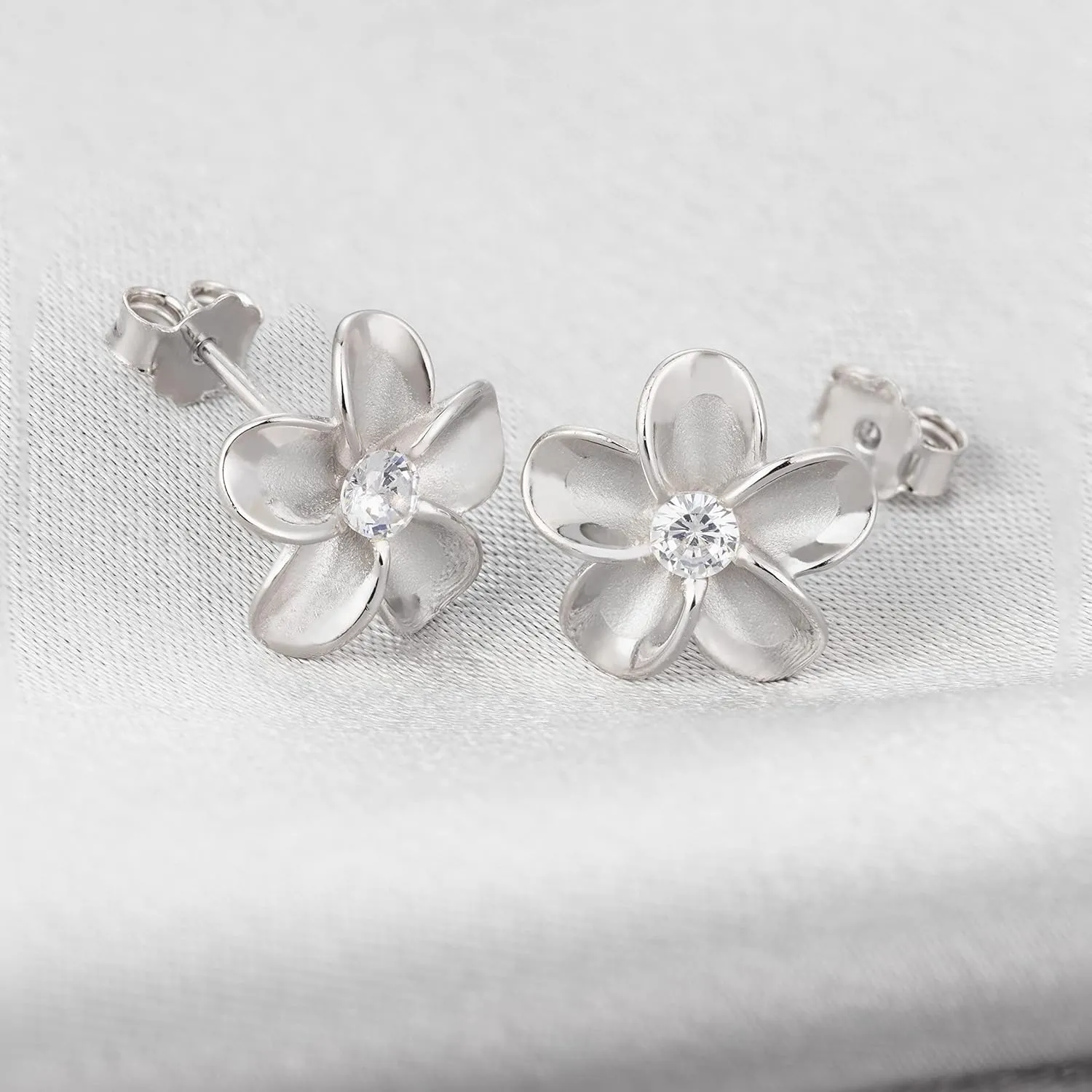 925 Sterling Silver 14K Gold Plated Hawaiian Plumeria Flower Stud Post Earrings with Cubic Zirconia 8mm 10mm 12mm 15mm Nickel Free Hypoallergenic for Sensitive Skin Gift Box Included