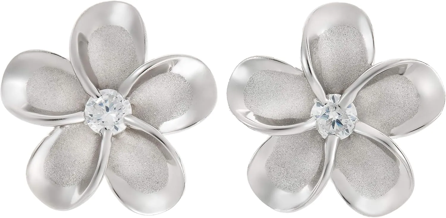 925 Sterling Silver 14K Gold Plated Hawaiian Plumeria Flower Stud Post Earrings with Cubic Zirconia 8mm 10mm 12mm 15mm Nickel Free Hypoallergenic for Sensitive Skin Gift Box Included