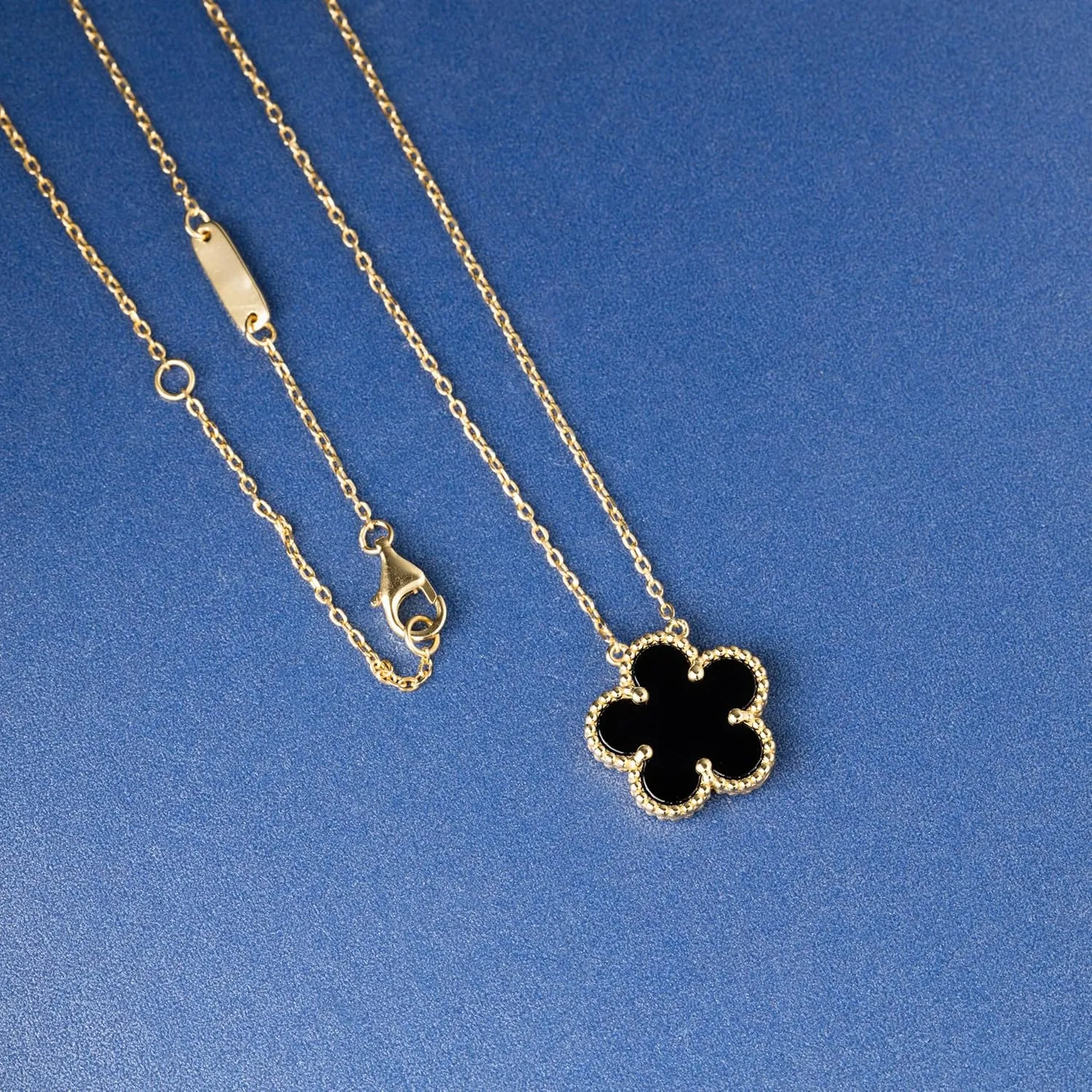 925 Sterling Silver 14K Yellow Gold Plated Hawaiian Plumeria Clover Flower Motif Beaded Necklace Pendant 16"   2" Adjustable Chain, Nickle Free Hypoallergenic for Sensitive Skin, with Gift Box