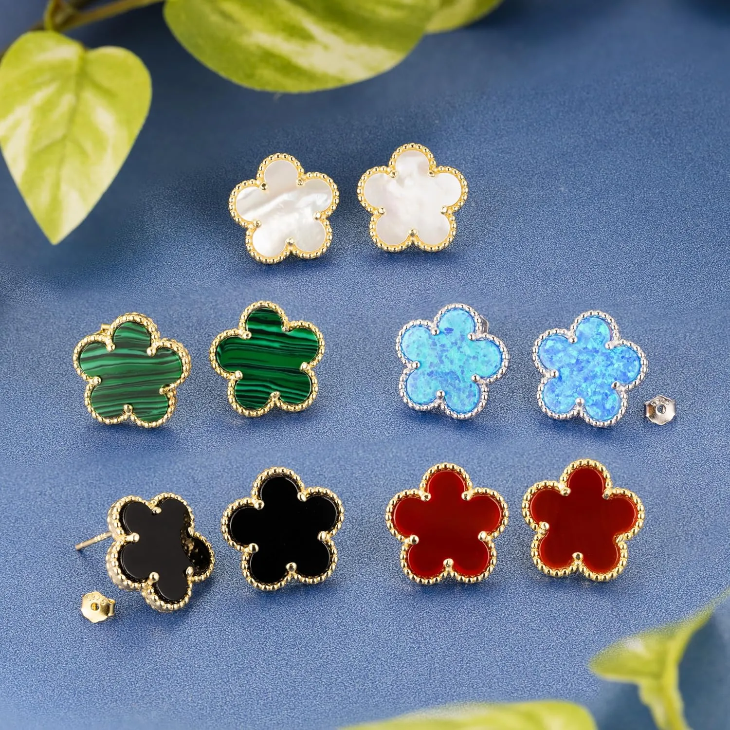 925 Sterling Silver 14K Yellow Gold Plated Hawaiian Plumeria Clover Flower Motif Beaded Stud Earrings, Nickle Free Hypoallergenic for Sensitive Skin, with Gift Box