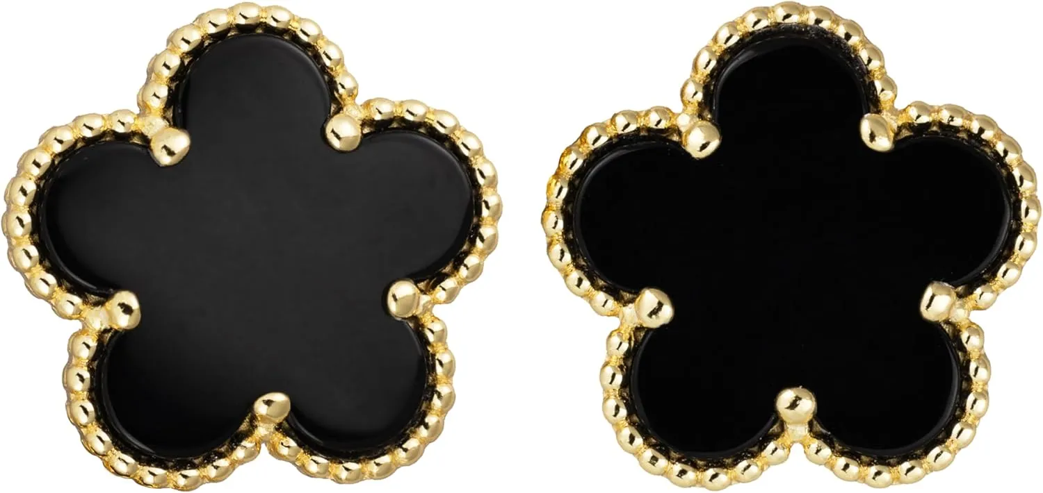 925 Sterling Silver 14K Yellow Gold Plated Hawaiian Plumeria Clover Flower Motif Beaded Stud Earrings, Nickle Free Hypoallergenic for Sensitive Skin, with Gift Box
