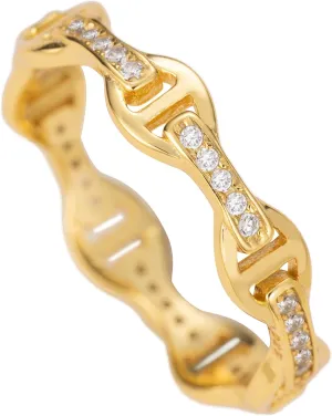 925 Sterling Silver 18K Gold Plated Cubic Zirconia Maritime Mariner Anchor Chain Link Stackable Ring Wedding Band, Nickle Free Hypoallergenic for Sensitive Skin, with Gift Box (8, Yellow Gold)