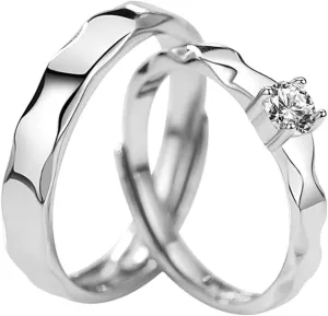 925 Sterling Silver Adjustable Rings White Round Cubic Zirconia Simple Band Wedding Bands His and Hers Wedding Ring Sets