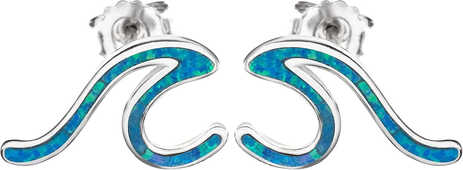 925 Sterling Silver Blue Opal Ocean Wave Stud Earrings, Nickle Free Hypoallergenic for Sensitive Skin, Ocean Jewelry for Women, Gift Box Included (Minimalist Line Wave)