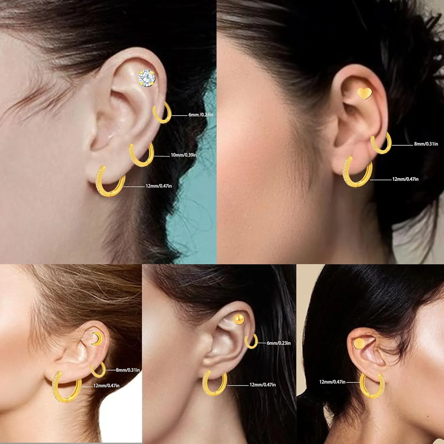 925 Sterling Silver Cartilage Helix CZ Huggie Earrings-Surgical Steel Earrings Set for Multiple Piercing Hypoallergenic,14K Gold Plated Flatback Small Hoop Stud Earrings Pack,Titanium Heart Ball Moon Dot CZ Stud Earrings for Women Men