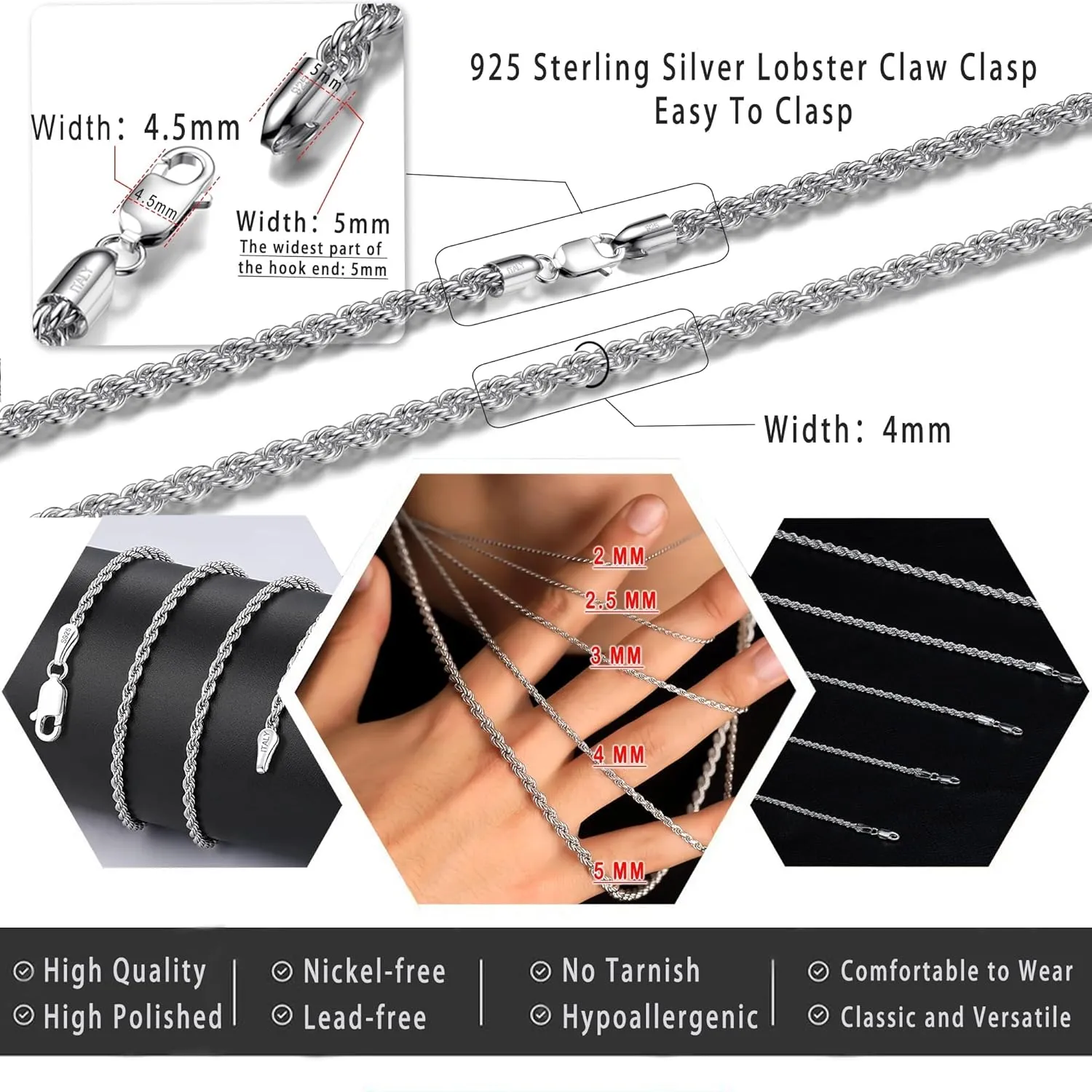925 Sterling Silver Clasp Rope Chain 2/2.5/3/4/5mm Necklace for Men Silver Link Chain for Women 16-30 Inches
