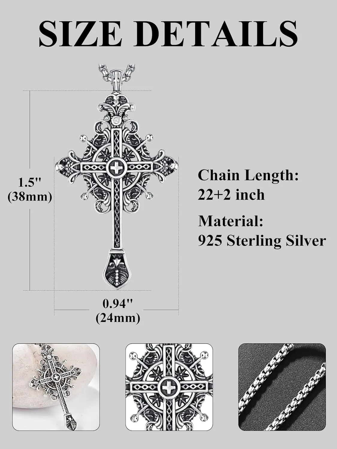 925 Sterling Silver Cross Crucifix Jesus Christ INRI Pendant Necklace for Men Women Medal Christian Religious Necklaces for Mens