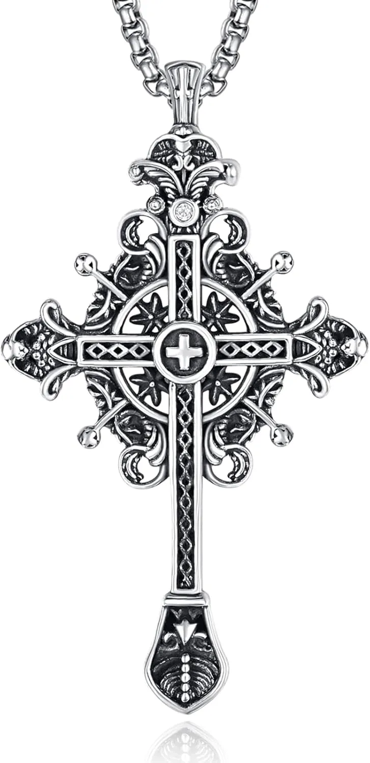 925 Sterling Silver Cross Crucifix Jesus Christ INRI Pendant Necklace for Men Women Medal Christian Religious Necklaces for Mens