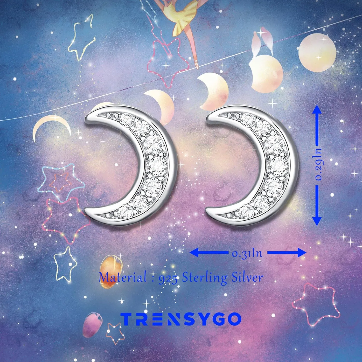 925 Sterling Silver Cubic Zirconia Cz Star Moon Cross Triangle Heart Lightning Bolt Stud Earrings for Women Jewelry Gifts