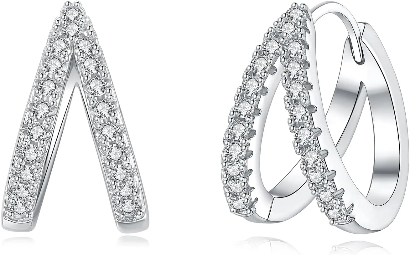 925 Sterling Silver Cubic Zirconia Double Hoop Earrings for Women, Hypoallergenic Sparkling Diamond Hoop Earrings for Daily Wear