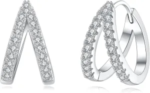 925 Sterling Silver Cubic Zirconia Double Hoop Earrings for Women, Hypoallergenic Sparkling Diamond Hoop Earrings for Daily Wear