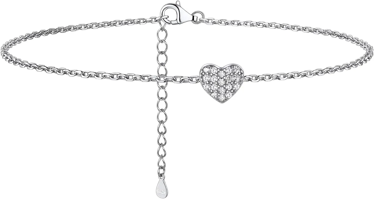 925 Sterling Silver Dainty Heart Anklets for Women, A-Z Letter Cute Initial Charm Anklet: 8.6"-10.6", Adjustable, Come with Box