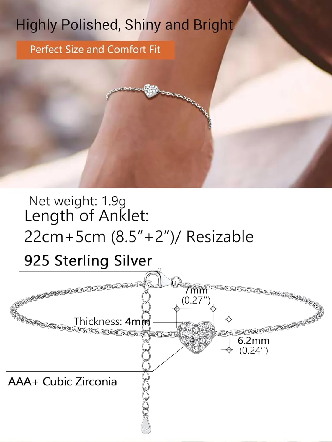 925 Sterling Silver Dainty Heart Anklets for Women, A-Z Letter Cute Initial Charm Anklet: 8.6"-10.6", Adjustable, Come with Box