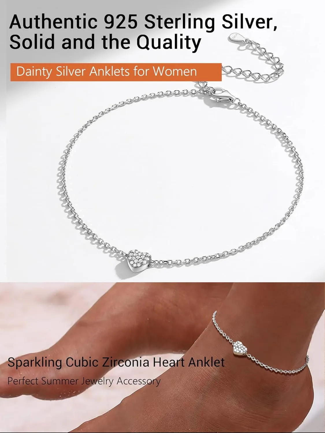 925 Sterling Silver Dainty Heart Anklets for Women, A-Z Letter Cute Initial Charm Anklet: 8.6"-10.6", Adjustable, Come with Box