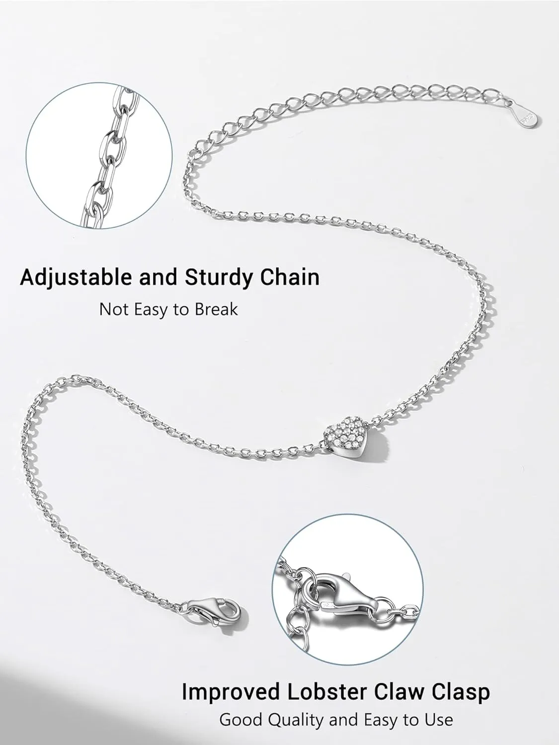 925 Sterling Silver Dainty Heart Anklets for Women, A-Z Letter Cute Initial Charm Anklet: 8.6"-10.6", Adjustable, Come with Box