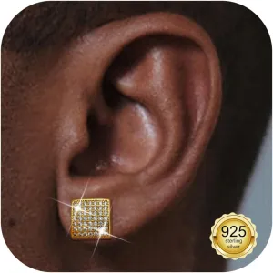 925 Sterling Silver Earrings For Men Women- Hypoallergenic Cubic Zirconia Stud Earrings for Sensitive Ears, 18K Gold Plated Large Square Diamond Studs