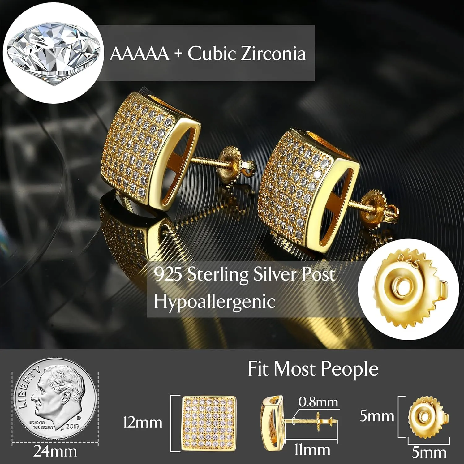 925 Sterling Silver Earrings For Men Women- Hypoallergenic Cubic Zirconia Stud Earrings for Sensitive Ears, 18K Gold Plated Large Square Diamond Studs