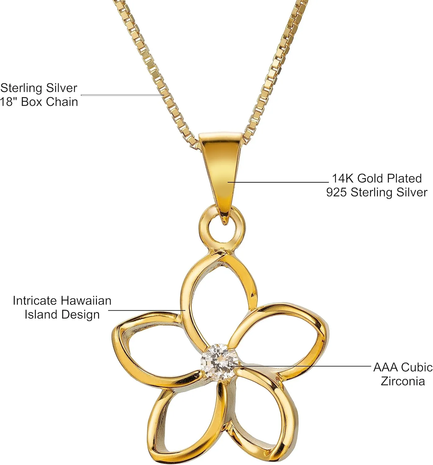 925 Sterling Silver Floating Cut-Out Plumeria Flower Necklace Pendant with 18" Box Chain, 14K Gold Plated, Cubic Zirconia, Nickel Free Hypoallergenic for Sensitive Skin, Gift Box Included