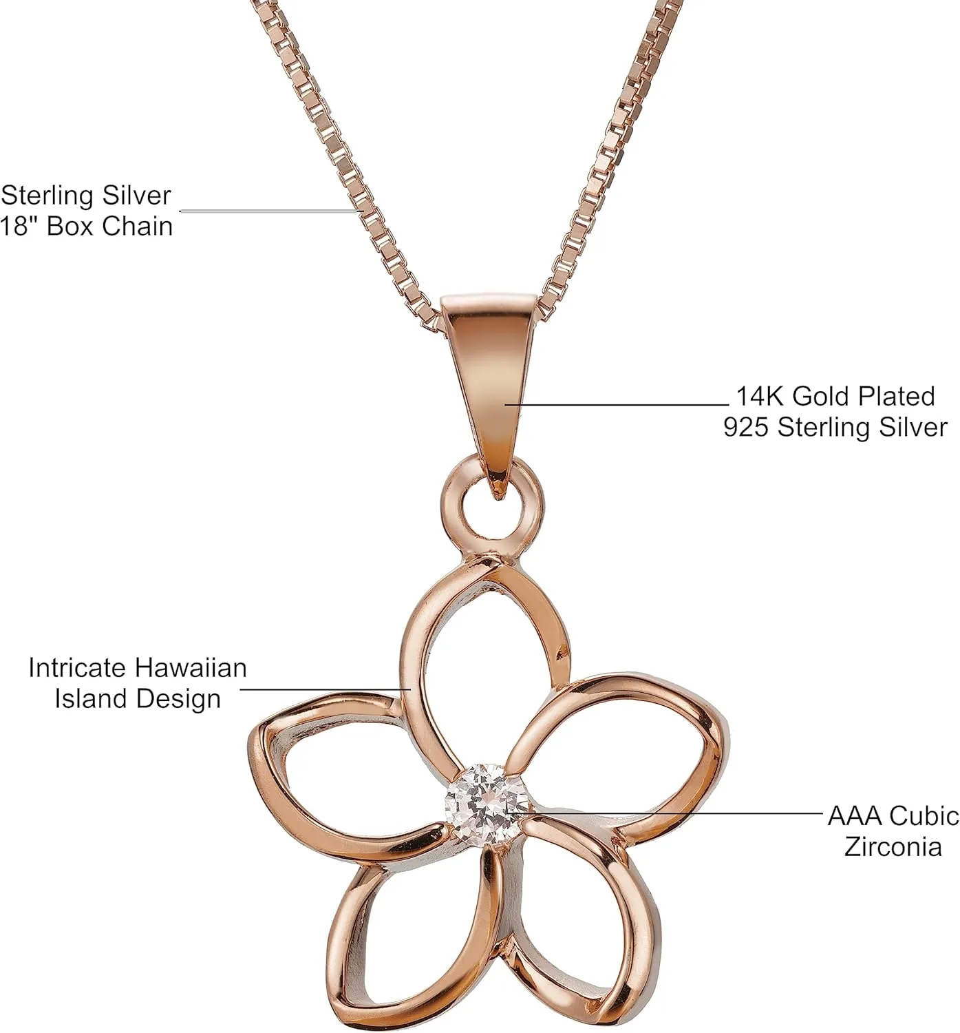 925 Sterling Silver Floating Cut-Out Plumeria Flower Necklace Pendant with 18" Box Chain, 14K Gold Plated, Cubic Zirconia, Nickel Free Hypoallergenic for Sensitive Skin, Gift Box Included
