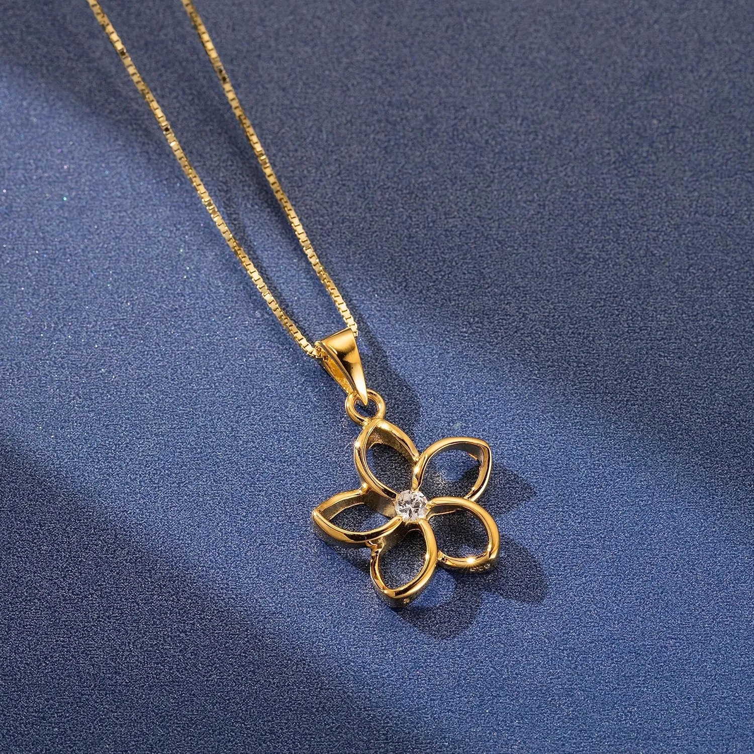 925 Sterling Silver Floating Cut-Out Plumeria Flower Necklace Pendant with 18" Box Chain, 14K Gold Plated, Cubic Zirconia, Nickel Free Hypoallergenic for Sensitive Skin, Gift Box Included