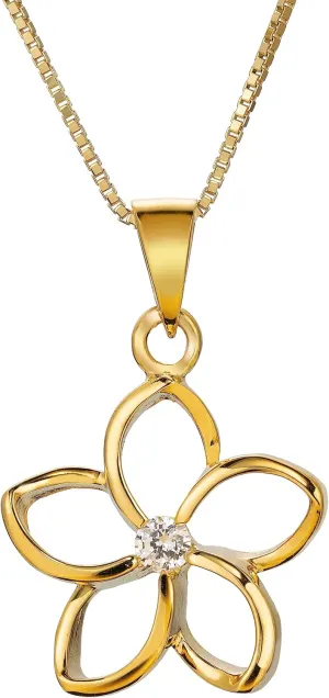 925 Sterling Silver Floating Cut-Out Plumeria Flower Necklace Pendant with 18" Box Chain, 14K Gold Plated, Cubic Zirconia, Nickel Free Hypoallergenic for Sensitive Skin, Gift Box Included