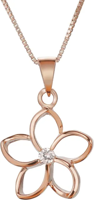 925 Sterling Silver Floating Cut-Out Plumeria Flower Necklace Pendant with 18" Box Chain, 14K Gold Plated, Cubic Zirconia, Nickel Free Hypoallergenic for Sensitive Skin, Gift Box Included