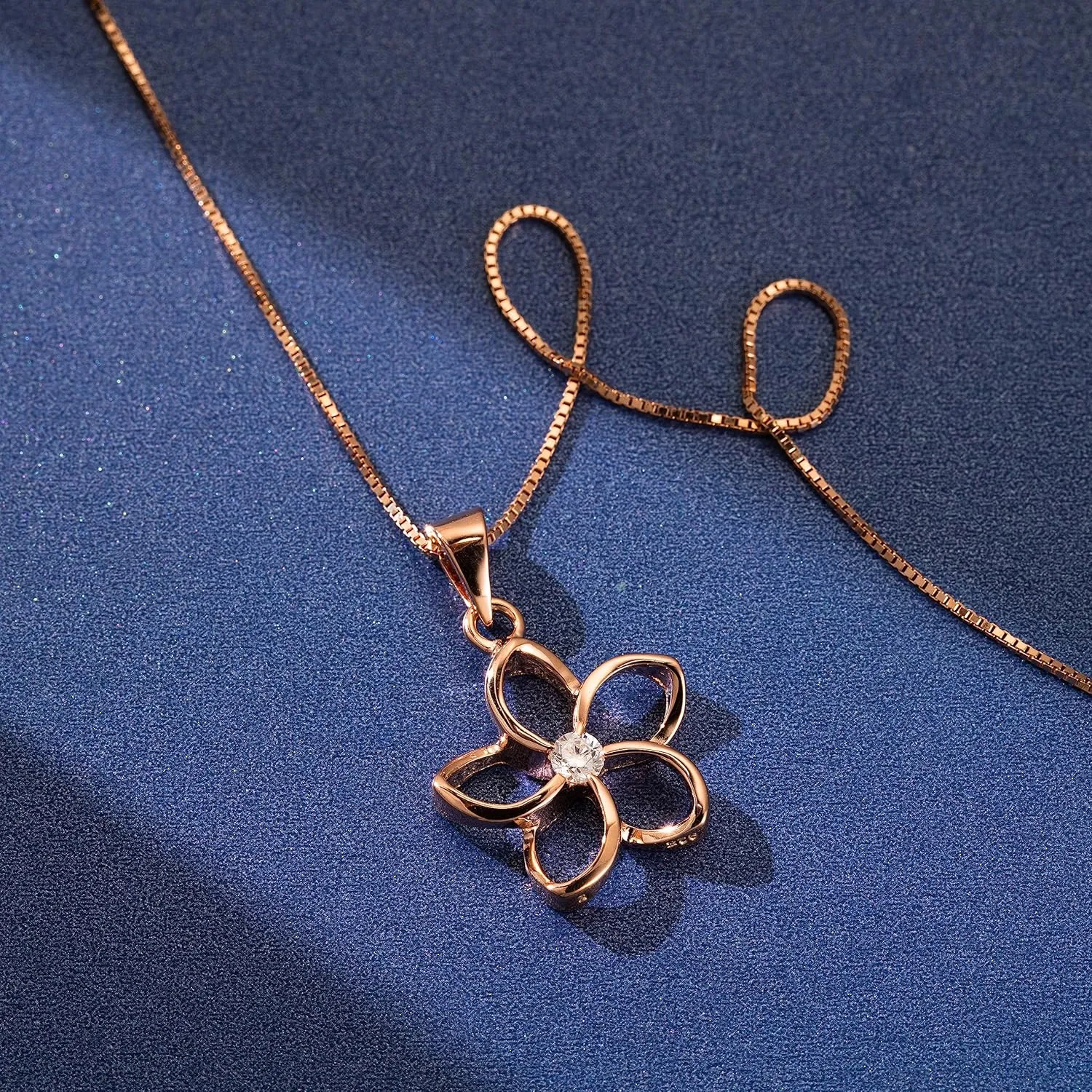 925 Sterling Silver Floating Cut-Out Plumeria Flower Necklace Pendant with 18" Box Chain, 14K Gold Plated, Cubic Zirconia, Nickel Free Hypoallergenic for Sensitive Skin, Gift Box Included