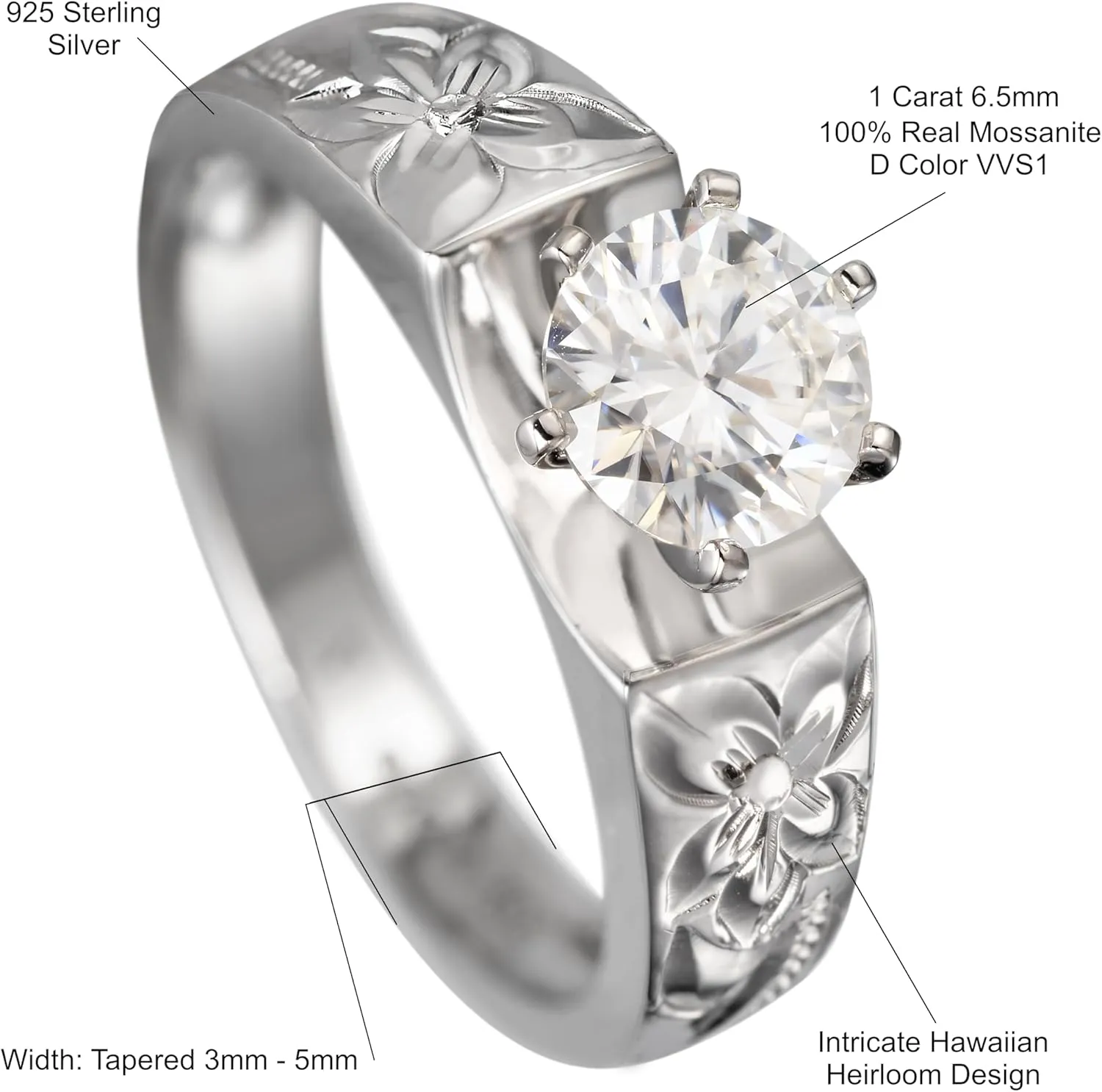 925 Sterling Silver Hawaiian Heirloom Princess Plumeria Flower Scroll Ring Stackable Wedding Engagement Promise Band, Topaz, Opal, D VVS1 Moissanite Diamond, Nickel Free Hypoallergenic for Sensitive Skin, with Gift Box
