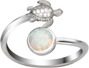 925 Sterling Silver Hawaiian Turtle and Full Moon, Adjustable Easy Resize Wrap Around Bypass Ring Eternity Band, Blue White Opal Larimar, 14K Gold Plated, Hypoallergenic Nickel Free, with Gift Box