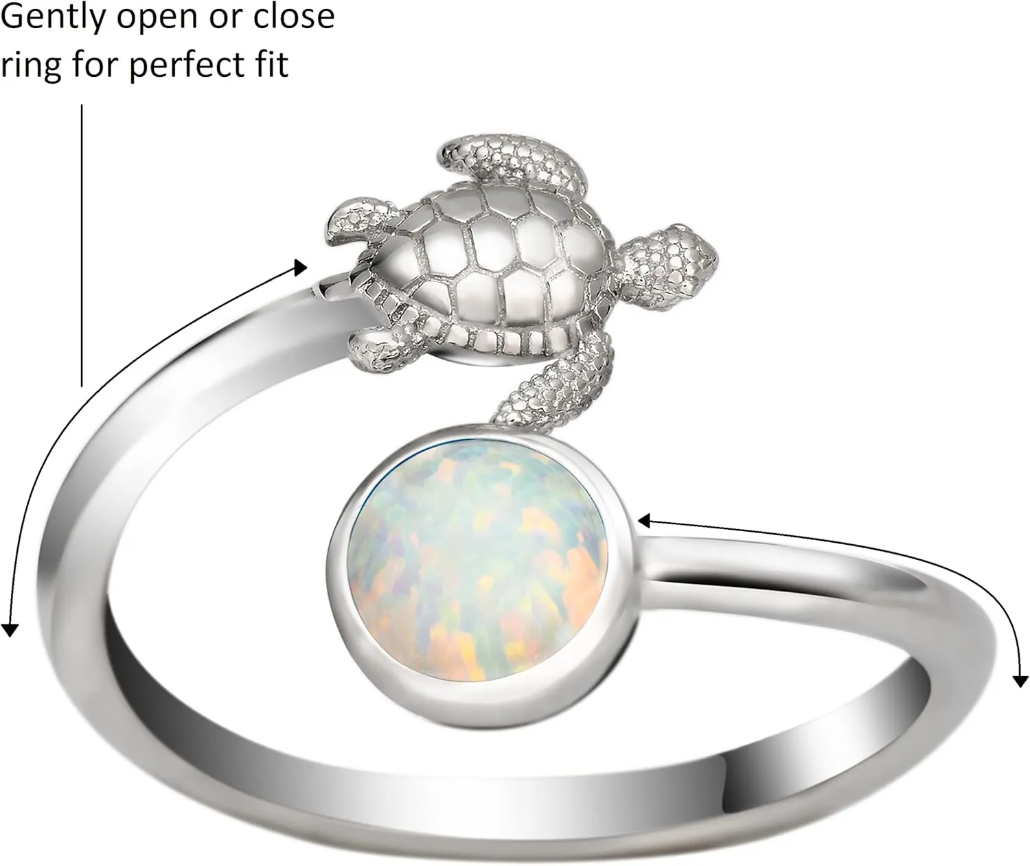 925 Sterling Silver Hawaiian Turtle and Full Moon, Adjustable Easy Resize Wrap Around Bypass Ring Eternity Band, Blue White Opal Larimar, 14K Gold Plated, Hypoallergenic Nickel Free, with Gift Box