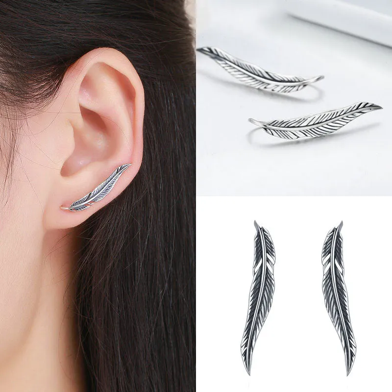 925 Sterling Silver Korean Feather Rose Flower Star Plane Cuff Stud Earrings for Women Fashion Women Earrings 2018 brincos s925